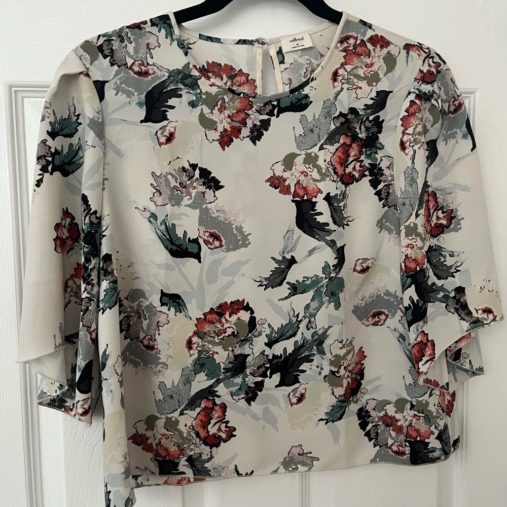 Wilfred Cream Asymmetrical Blouse with Blue Floral Design
